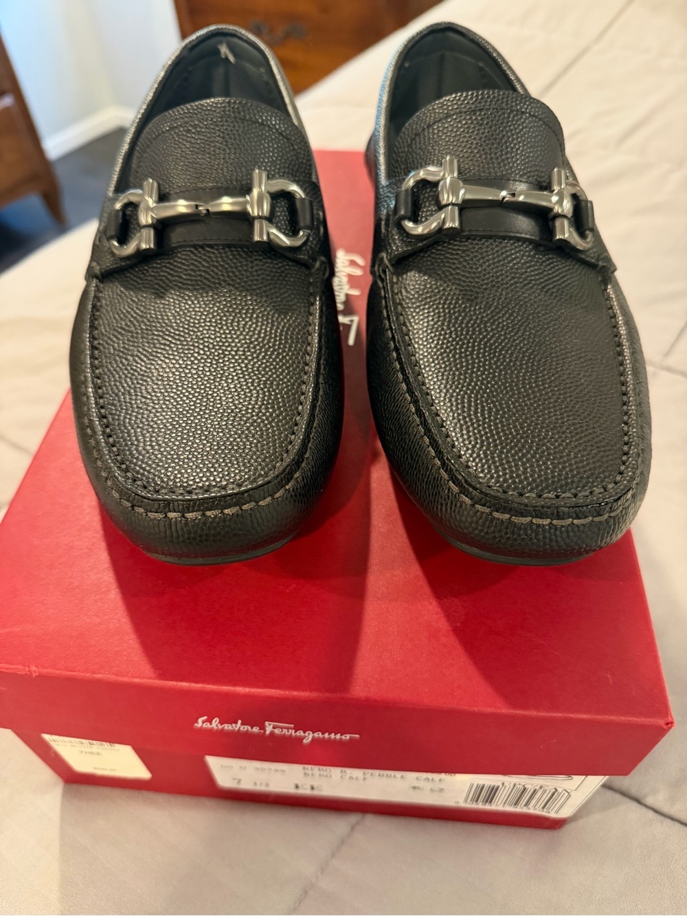 Salvatore Ferragamo Black Pebbled Leather Horsebit Loafers